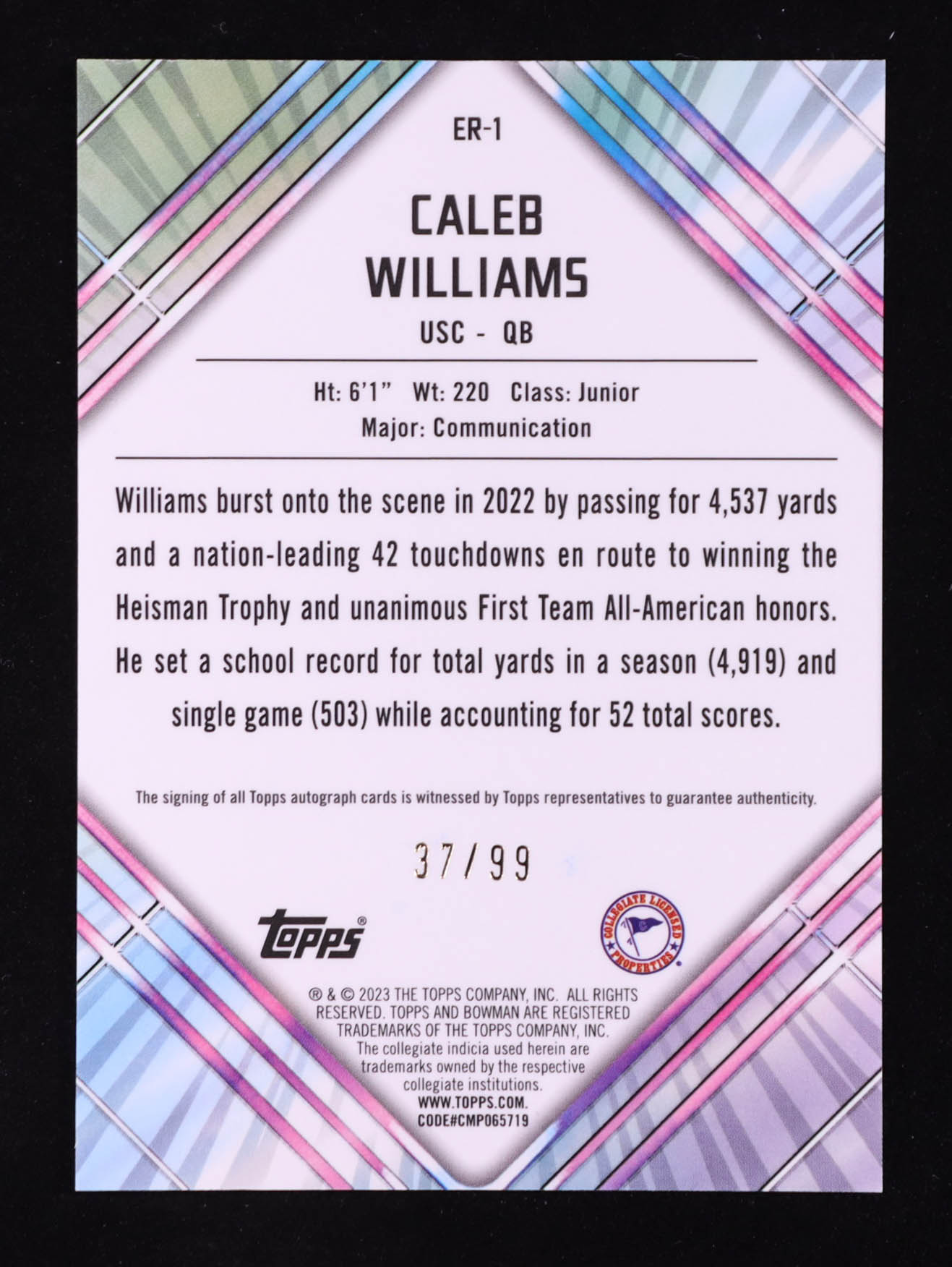 Caleb Williams 2023 Bowman Chrome University Unexpected Delights Early Risers Autographs Refractors #ER1 RC #37/99 at PristineAuction.com Caleb Williams 2023 Bowman Chrome University Unexpected Delights Early Risers Autographs Refractors #ER1 RC #37/99 at PristineAuction.com