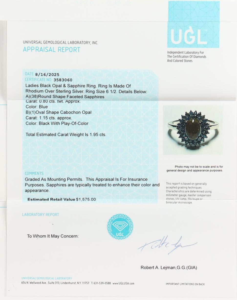 New 1.95 CTW Sapphire & Opal Ring | Estimated Retail Value: $1,575 (UGL) at PristineAuction.com New 1.95 CTW Sapphire & Opal Ring | Estimated Retail Value: $1,575 (UGL) at PristineAuction.com