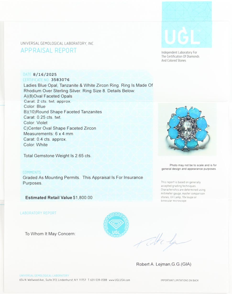 New 2.65 CTW Blue Opal, Tanzanite & White Zircon Ring | Estimated Retail Value: $1,800 (UGL) at PristineAuction.com New 2.65 CTW Blue Opal, Tanzanite & White Zircon Ring | Estimated Retail Value: $1,800 (UGL) at PristineAuction.com