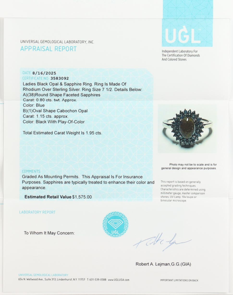 New 1.95 CTW Black Opal & Sapphire Ring | Estimated Retail Value: $1,575 (UGL) at PristineAuction.com New 1.95 CTW Black Opal & Sapphire Ring | Estimated Retail Value: $1,575 (UGL) at PristineAuction.com