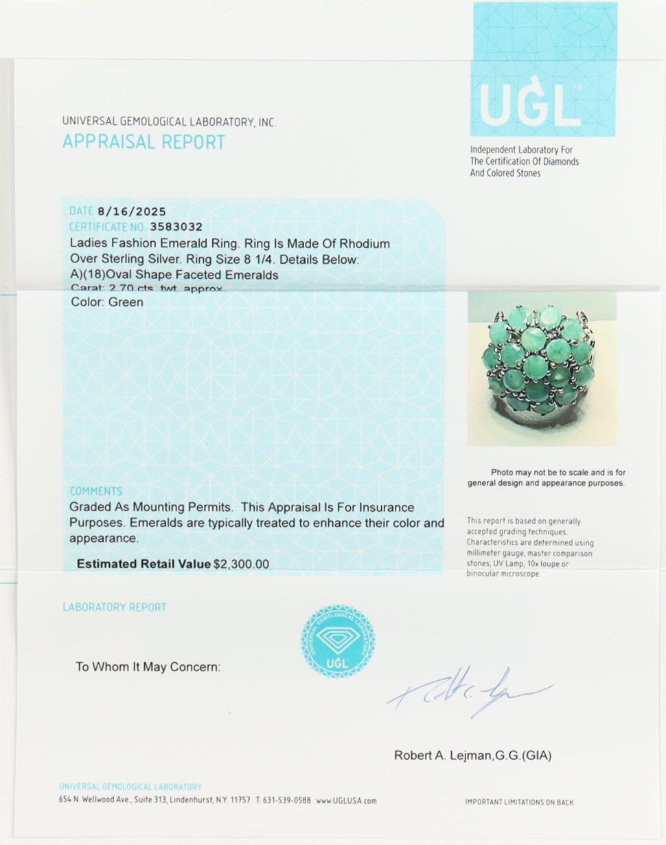 New 2.70 CTW Emerald Ring | Estimated Retail Value: $2,300 (UGL) at PristineAuction.com New 2.70 CTW Emerald Ring | Estimated Retail Value: $2,300 (UGL) at PristineAuction.com