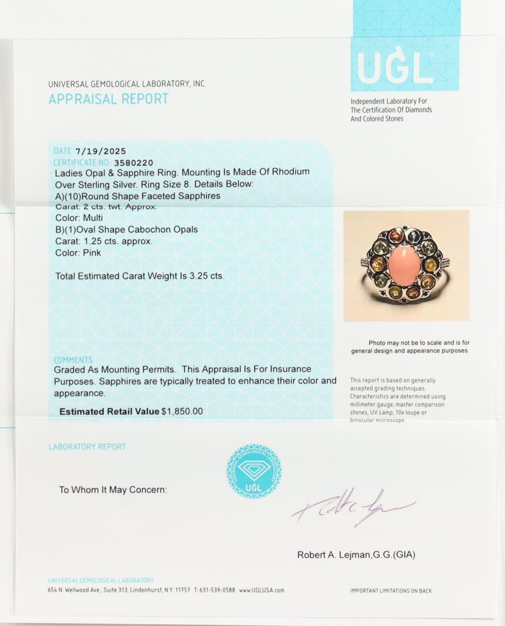 New 3.25 CTW Opal & Sapphire Ring | Estimated Retail Value: $1,850 (UGL) at PristineAuction.com New 3.25 CTW Opal & Sapphire Ring | Estimated Retail Value: $1,850 (UGL) at PristineAuction.com