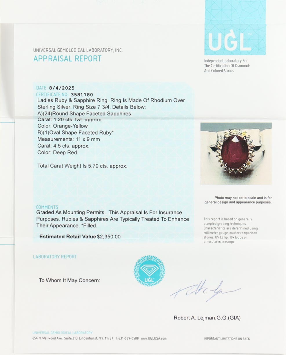 New 5.70 CTW Ruby & Sapphire Ring | Estimated Retail Value: $2,350 (UGL) at PristineAuction.com New 5.70 CTW Ruby & Sapphire Ring | Estimated Retail Value: $2,350 (UGL) at PristineAuction.com