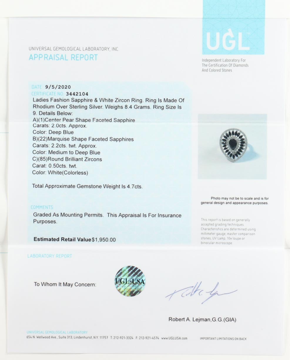4.7 CTW Sapphire & White Zircon Ring | Estimated Retail Value: $1,950 (UGL) at PristineAuction.com 4.7 CTW Sapphire & White Zircon Ring | Estimated Retail Value: $1,950 (UGL) at PristineAuction.com