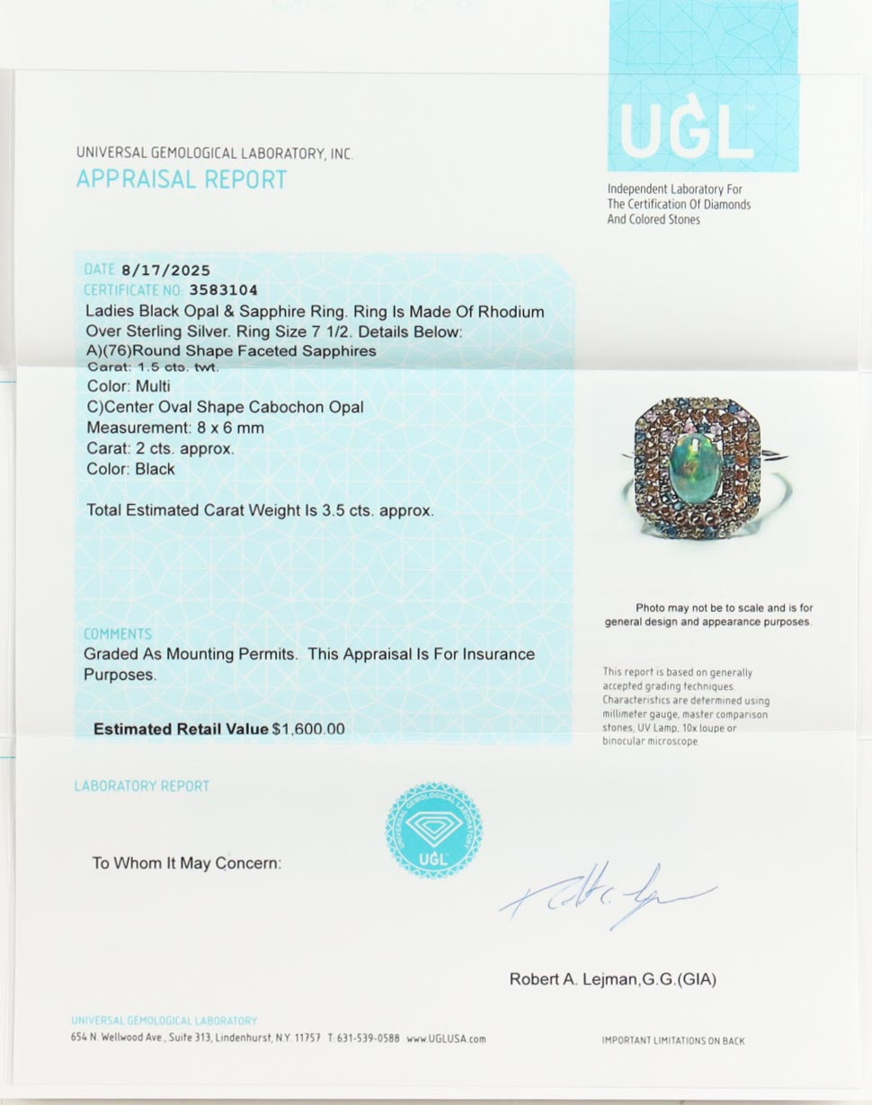 New 3.5 CTW Black Opal & Sapphire Ring | Estimated Retail Value: $1,600 (UGL) at PristineAuction.com New 3.5 CTW Black Opal & Sapphire Ring | Estimated Retail Value: $1,600 (UGL) at PristineAuction.com