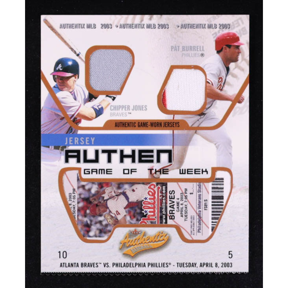 Chipper Jones / Pat Burrell  2003 Fleer Authentix Game Jersey Game of the Week #CJPB at PristineAuction.com Chipper Jones / Pat Burrell  2003 Fleer Authentix Game Jersey Game of the Week #CJPB at PristineAuction.com