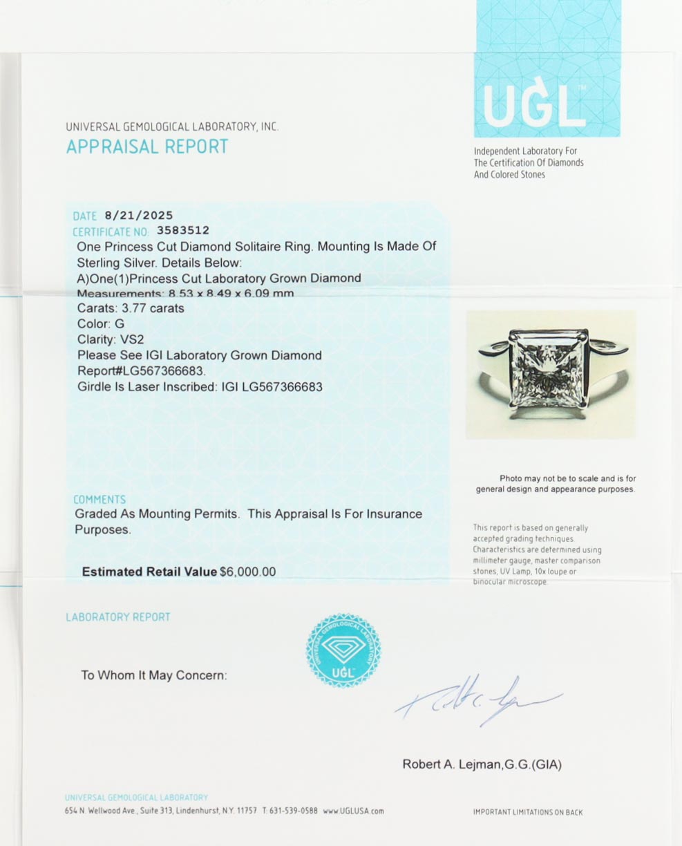New 3.77 Carats Lab Grown Diamond Ring G, VS2 | Estimated Retail Value: $6,000 (UGL & IGI) at PristineAuction.com New 3.77 Carats Lab Grown Diamond Ring G, VS2 | Estimated Retail Value: $6,000 (UGL & IGI) at PristineAuction.com