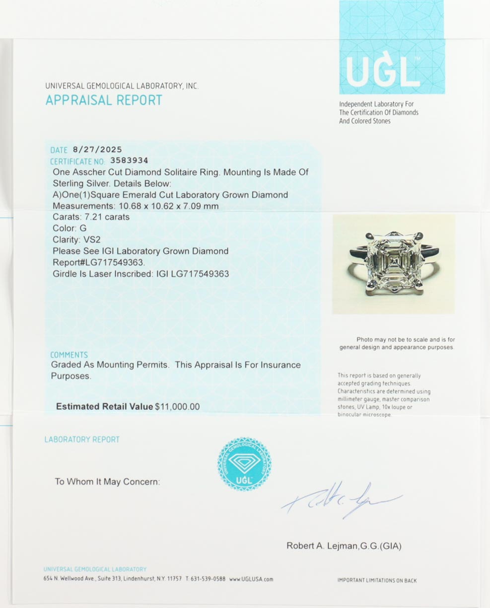 New 7.21 Carats Lab Grown Diamond Ring G, VS2 | Estimated Retail Value: $11,000 (UGL & IGI) at PristineAuction.com New 7.21 Carats Lab Grown Diamond Ring G, VS2 | Estimated Retail Value: $11,000 (UGL & IGI) at PristineAuction.com