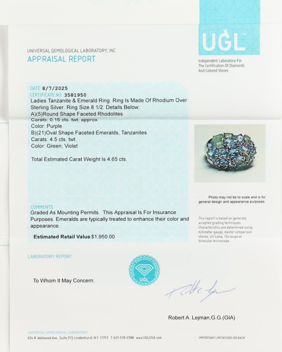 New 4.65 CTW Tanzanite & Emerald Ring | Estimated Retail Value: $1,950 (UGL) at PristineAuction.com New 4.65 CTW Tanzanite & Emerald Ring | Estimated Retail Value: $1,950 (UGL) at PristineAuction.com