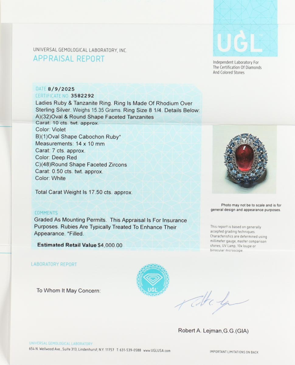 New 17.50 CTW Ruby & Tanzanite Ring | Estimated Retail Value: $4,000 (UGL) at PristineAuction.com New 17.50 CTW Ruby & Tanzanite Ring | Estimated Retail Value: $4,000 (UGL) at PristineAuction.com