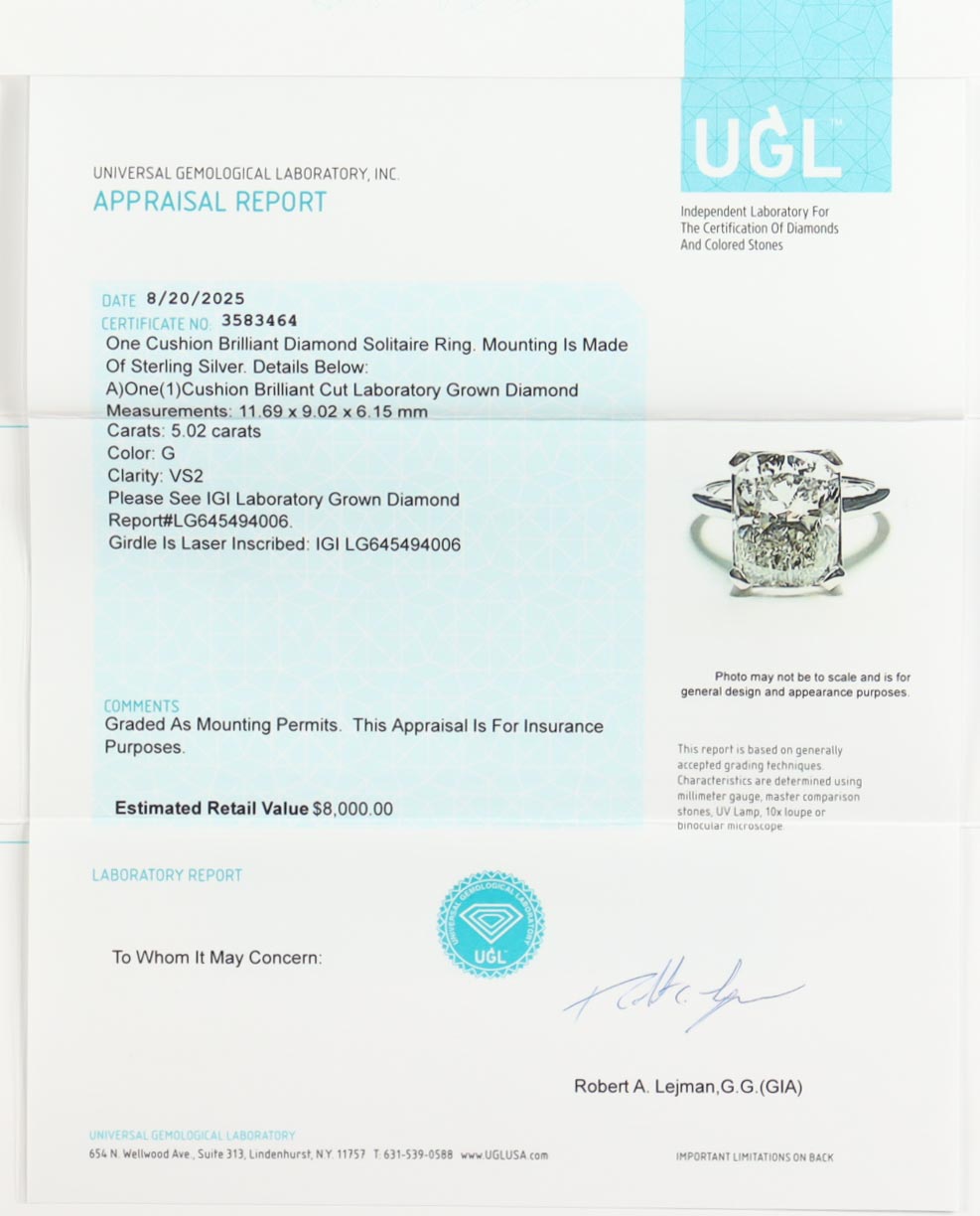 New 5.02 Carats Lab Grown Diamond Ring G, VS2 | Estimated Retail Value: $8,000 (UGL & IGI) at PristineAuction.com New 5.02 Carats Lab Grown Diamond Ring G, VS2 | Estimated Retail Value: $8,000 (UGL & IGI) at PristineAuction.com