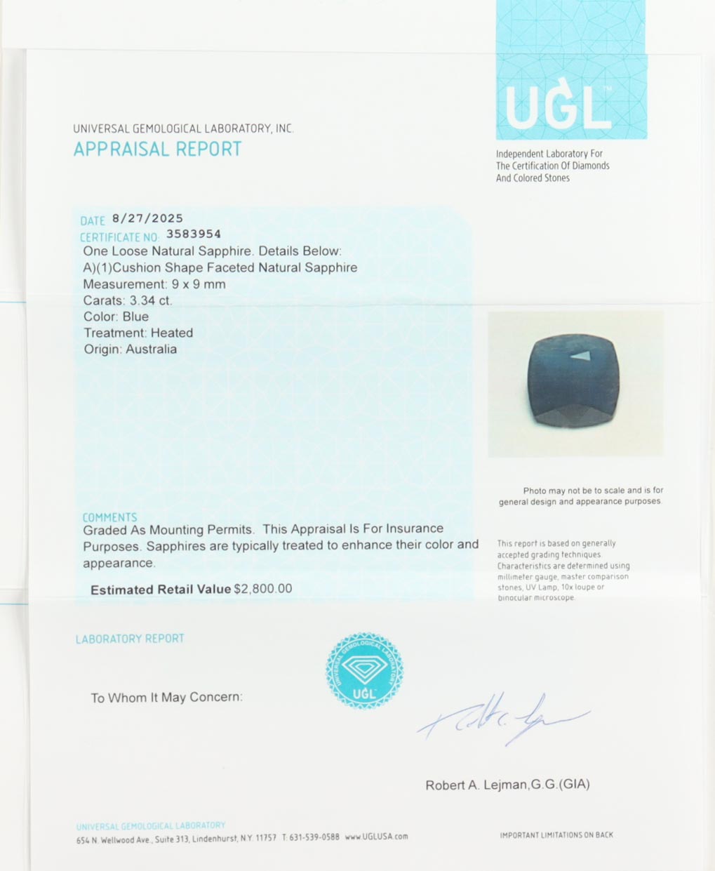 3.34 Carat Loose Natural Sapphire | Estimated Retail Value: $2,800 (UGL) at PristineAuction.com 3.34 Carat Loose Natural Sapphire | Estimated Retail Value: $2,800 (UGL) at PristineAuction.com
