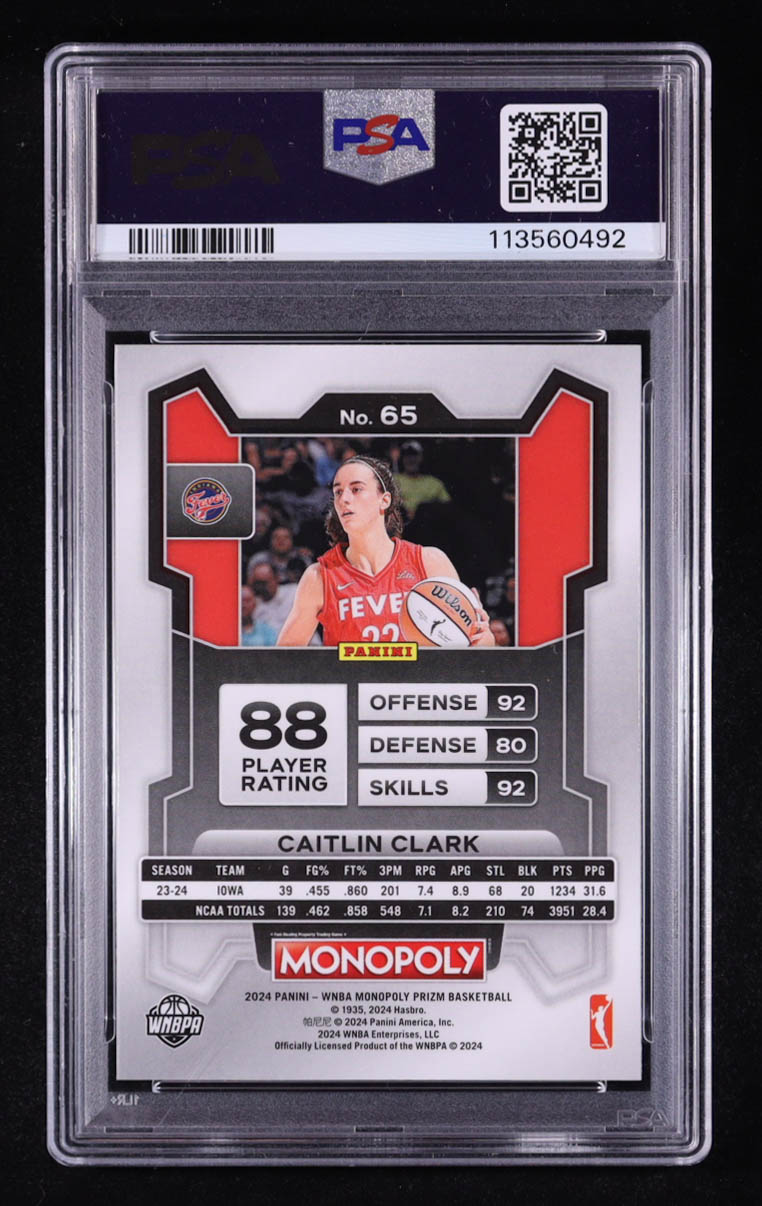 Caitlin Clark 2024 Panini Prizm Monopoly WNBA #65 RC (PSA 10) at PristineAuction.com Caitlin Clark 2024 Panini Prizm Monopoly WNBA #65 RC (PSA 10) at PristineAuction.com