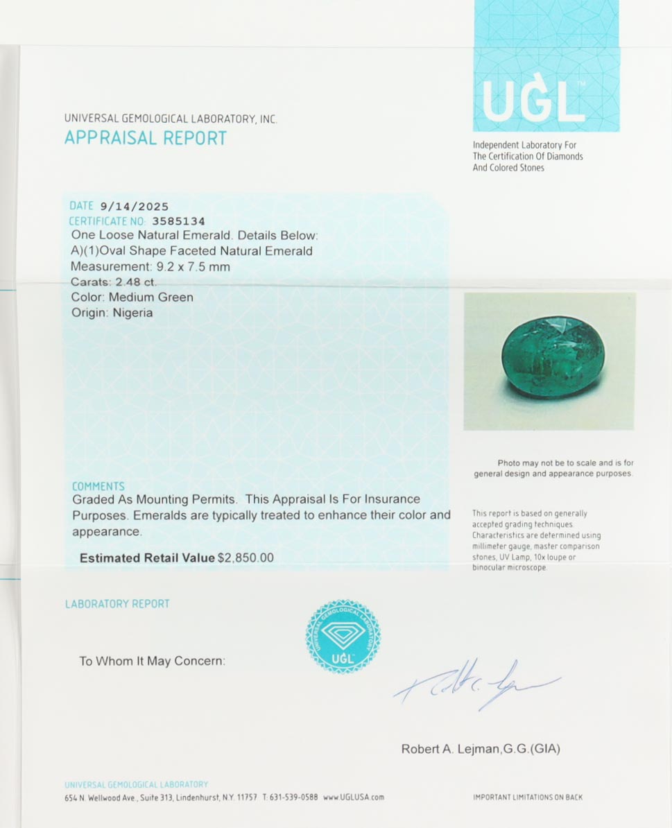 2.48 Carats Loose Natural Emerald | Estimated Retail Value: $2,850 (UGL) at PristineAuction.com 2.48 Carats Loose Natural Emerald | Estimated Retail Value: $2,850 (UGL) at PristineAuction.com