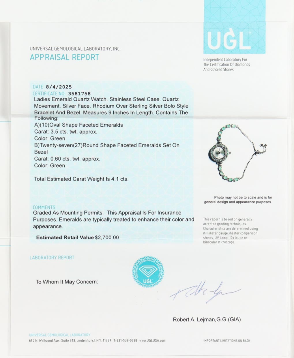 New 4.1 CTW Emerald Quartz Watch | Estimated Retail Value: $2,700 (UGL) at PristineAuction.com New 4.1 CTW Emerald Quartz Watch | Estimated Retail Value: $2,700 (UGL) at PristineAuction.com