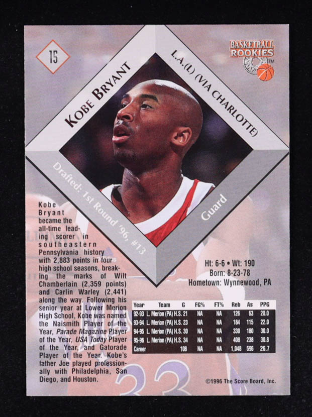 Kobe Bryant 1996 Score Board Basketball Rookies #15 RC at PristineAuction.com Kobe Bryant 1996 Score Board Basketball Rookies #15 RC at PristineAuction.com