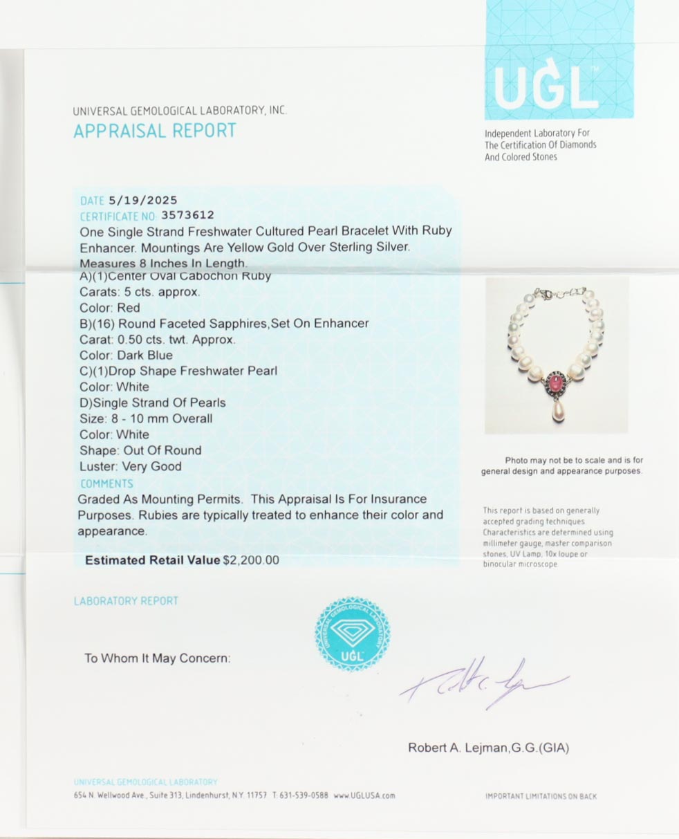 New Freshwater Cultured Pearl Bracelet with 5.50 Carats of Ruby & Sapphire | Estimated Retail Value: $2,200 (UGL) at PristineAuction.com New Freshwater Cultured Pearl Bracelet with 5.50 Carats of Ruby & Sapphire | Estimated Retail Value: $2,200 (UGL) at PristineAuction.com