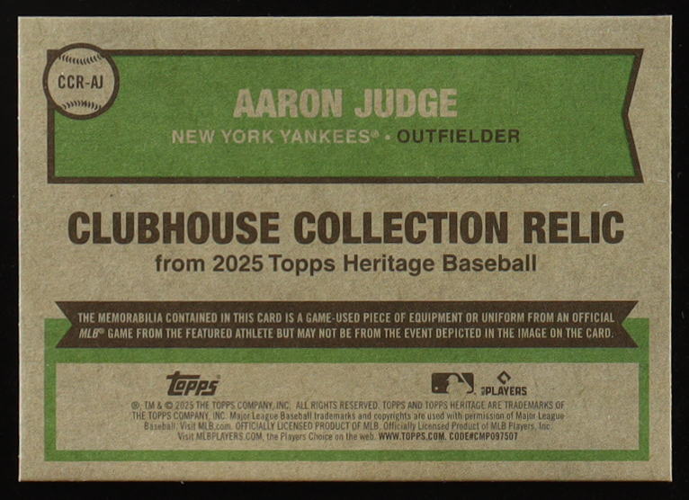 Aaron Judge 2025 Topps Heritage Clubhouse Collection Relics #CCRAJ at PristineAuction.com Aaron Judge 2025 Topps Heritage Clubhouse Collection Relics #CCRAJ at PristineAuction.com