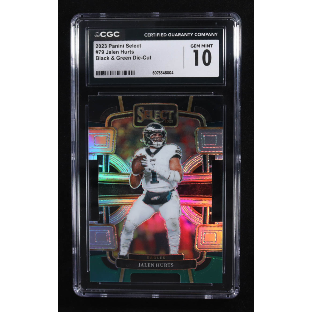 Jalen Hurts 2023 Select Prizm Black and Green Die Cut #79 (CGC 10) at PristineAuction.com Jalen Hurts 2023 Select Prizm Black and Green Die Cut #79 (CGC 10) at PristineAuction.com