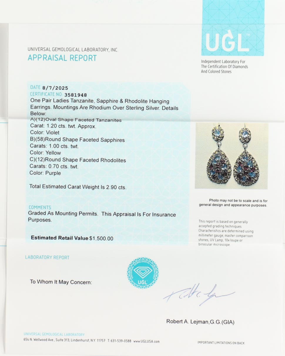 New 2.90 CTW Pair of Tanzanite, Sapphire & Rhodolite Earrings | Estimated Retail Value: $1,500 (UGL) at PristineAuction.com New 2.90 CTW Pair of Tanzanite, Sapphire & Rhodolite Earrings | Estimated Retail Value: $1,500 (UGL) at PristineAuction.com