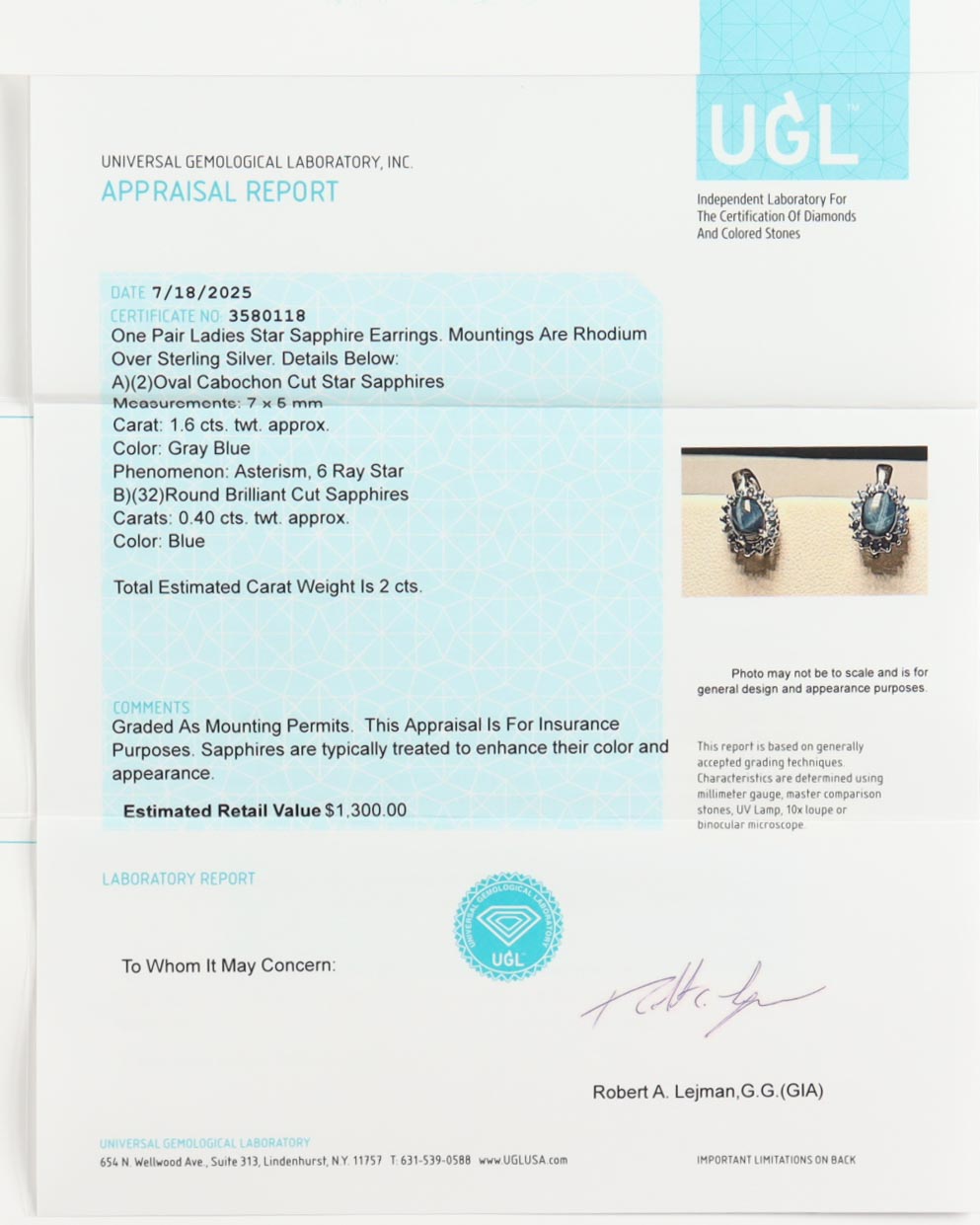 New 2 CTW Pair of Star Sapphire Earrings | Estimated Retail Value: $1,400 (UGL) at PristineAuction.com New 2 CTW Pair of Star Sapphire Earrings | Estimated Retail Value: $1,400 (UGL) at PristineAuction.com