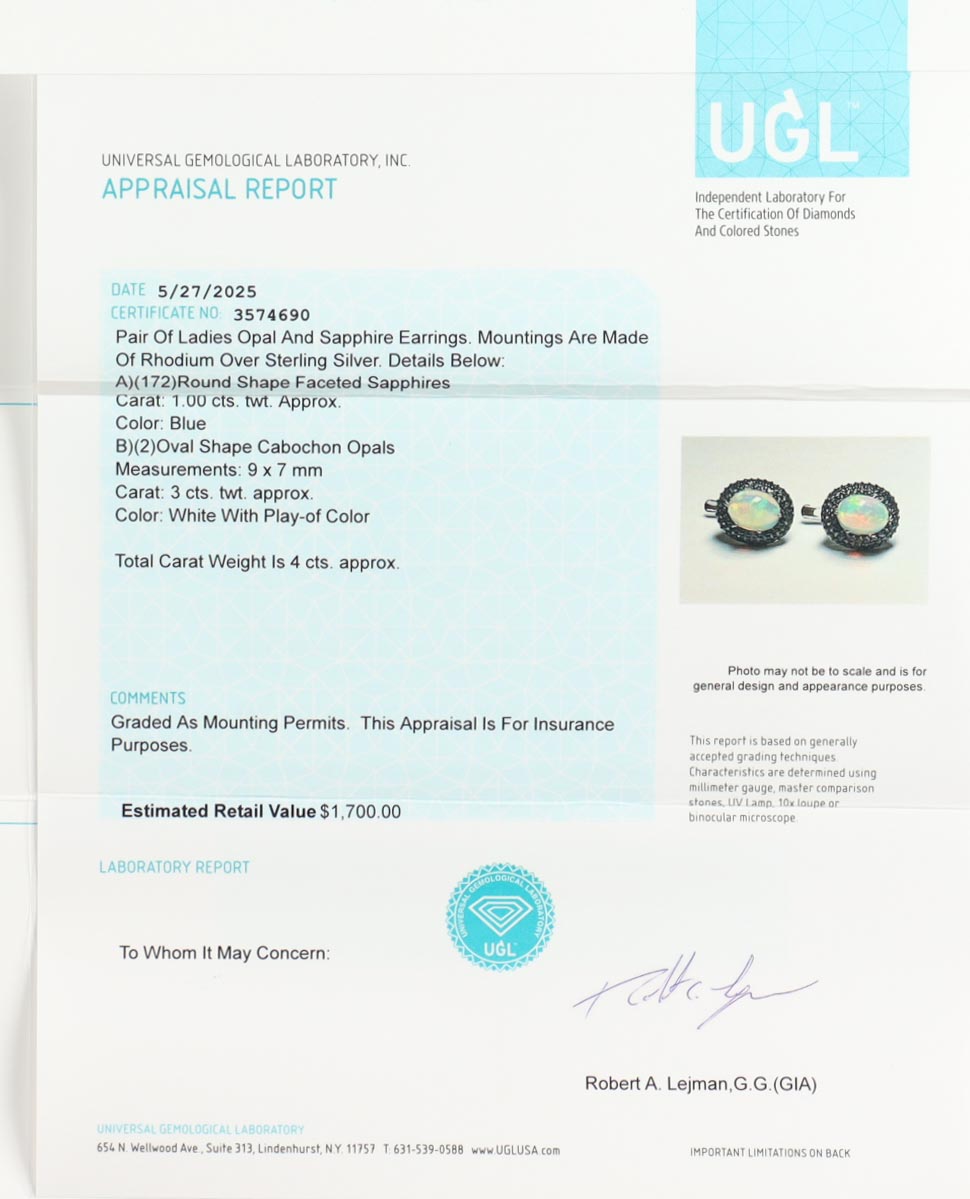 New 4 CTW Pair of Opal & Sapphire Earrings | Estimated Retail Value: $1,700 (UGL) at PristineAuction.com New 4 CTW Pair of Opal & Sapphire Earrings | Estimated Retail Value: $1,700 (UGL) at PristineAuction.com