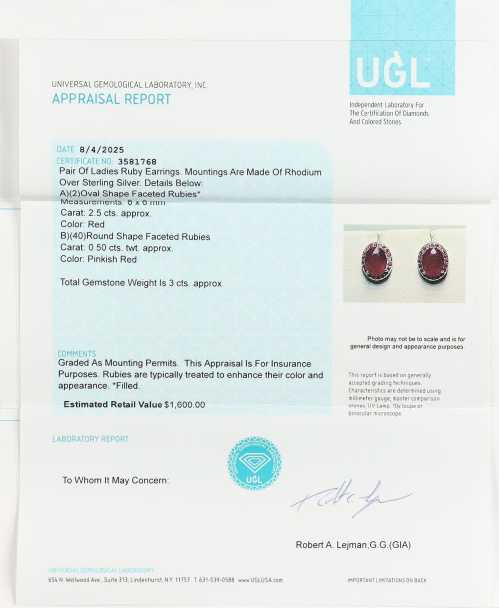 New 2.5 CTW Pair of Ruby Earrings | Estimated Retail Value: $1,600 (UGL) at PristineAuction.com New 2.5 CTW Pair of Ruby Earrings | Estimated Retail Value: $1,600 (UGL) at PristineAuction.com