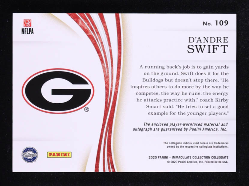 D'Andre Swift 2020 Immaculate Collection Collegiate Premium Patches Rookie Autographs #109 #03/99 RC at PristineAuction.com D'Andre Swift 2020 Immaculate Collection Collegiate Premium Patches Rookie Autographs #109 #03/99 RC at PristineAuction.com