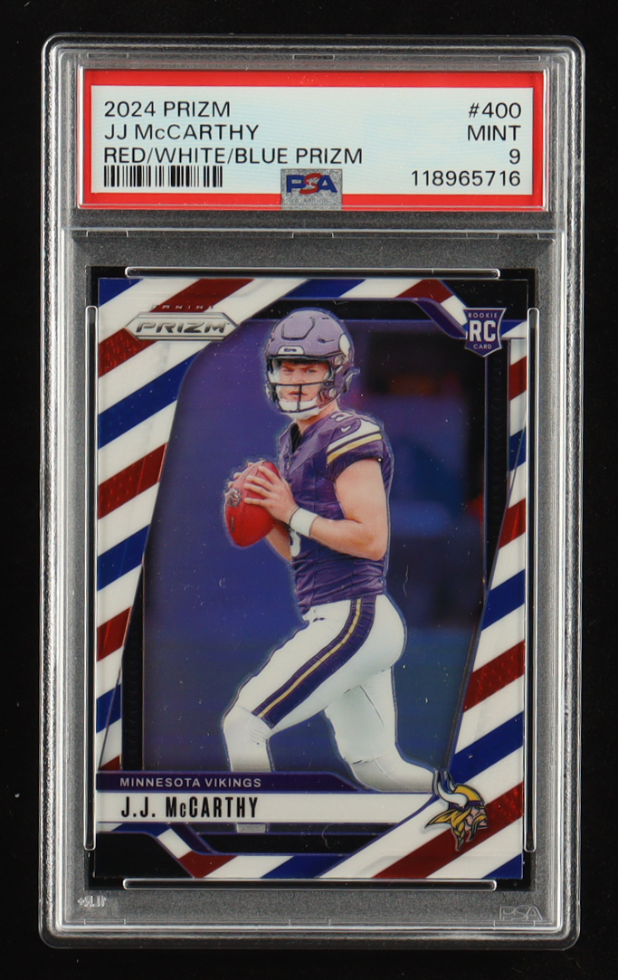 JJ McCarthy 2024 Panini Prizm Prizms Red White and Blue #400 RC (PSA 9) at PristineAuction.com JJ McCarthy 2024 Panini Prizm Prizms Red White and Blue #400 RC (PSA 9) at PristineAuction.com