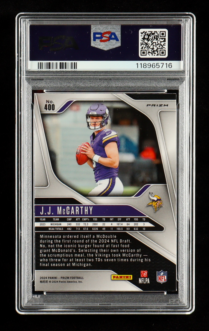 JJ McCarthy 2024 Panini Prizm Prizms Red White and Blue #400 RC (PSA 9) at PristineAuction.com JJ McCarthy 2024 Panini Prizm Prizms Red White and Blue #400 RC (PSA 9) at PristineAuction.com