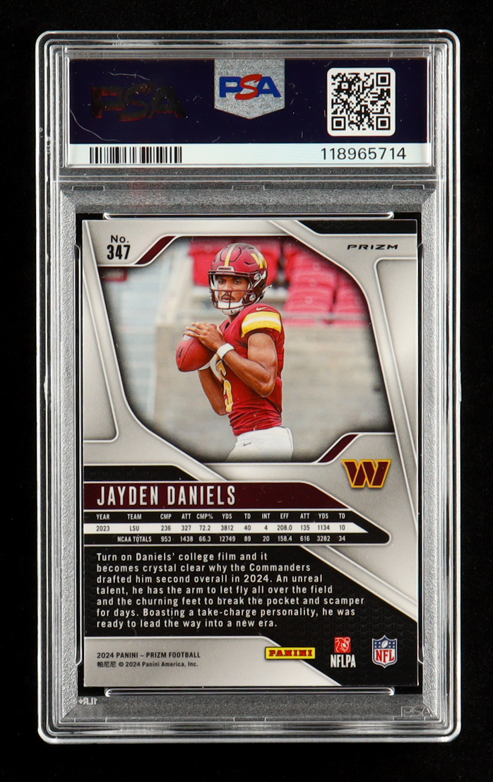 Jayden Daniels 2024 Panini Prizm Prizms Red White and Blue #347 RC (PSA 9) at PristineAuction.com Jayden Daniels 2024 Panini Prizm Prizms Red White and Blue #347 RC (PSA 9) at PristineAuction.com