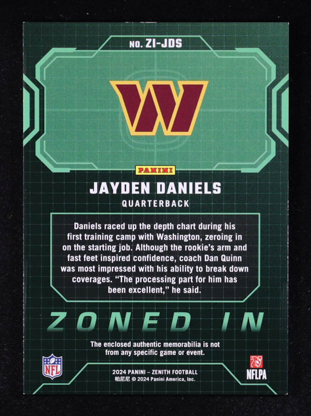 Jayden Daniels 2024 Zenith Zoned In Jerseys #3 RC at PristineAuction.com Jayden Daniels 2024 Zenith Zoned In Jerseys #3 RC at PristineAuction.com