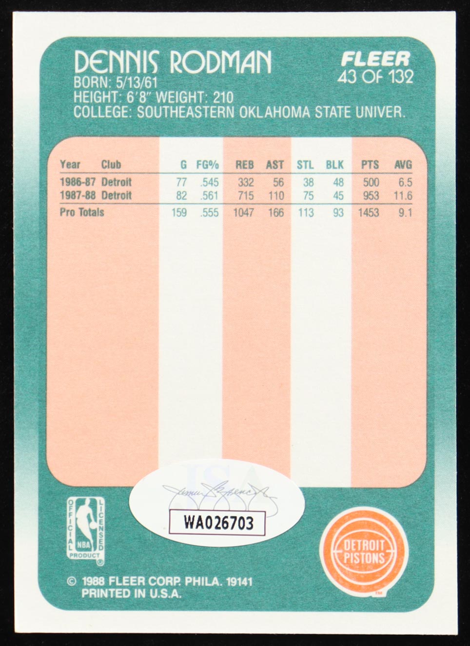 Dennis Rodman 1988-89 Fleer #43 RC Reprint (JSA) at PristineAuction.com Dennis Rodman 1988-89 Fleer #43 RC Reprint (JSA) at PristineAuction.com