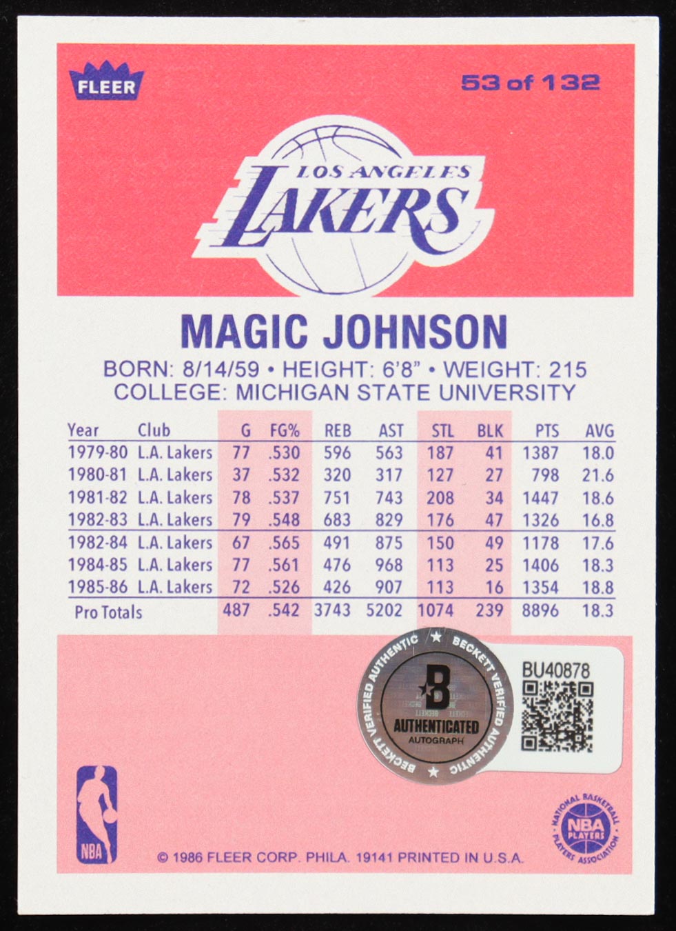 Magic Johnson Signed Sticker On 1986 Fleer #53 Reprint (Beckett) at PristineAuction.com Magic Johnson Signed Sticker On 1986 Fleer #53 Reprint (Beckett) at PristineAuction.com
