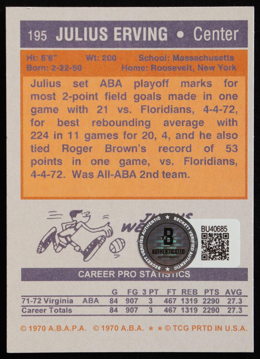 Julius Erving Signed 1972-73 Topps #195 RC Reprint (Beckett) at PristineAuction.com Julius Erving Signed 1972-73 Topps #195 RC Reprint (Beckett) at PristineAuction.com