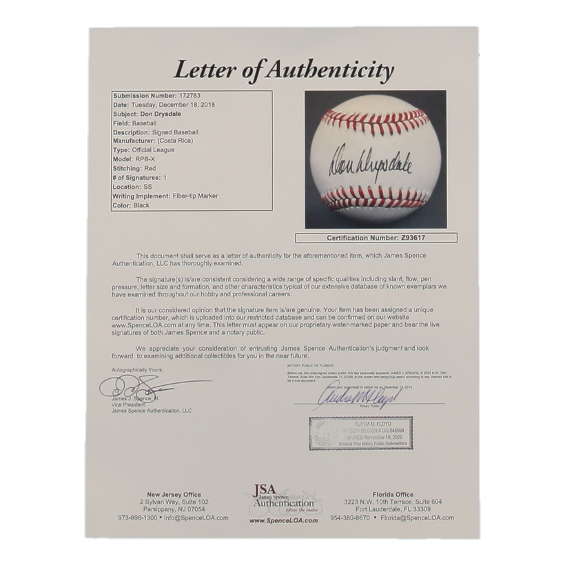 Don Drysdale Signed Signed OL Baseball (JSA) at PristineAuction.com Don Drysdale Signed Signed OL Baseball (JSA) at PristineAuction.com