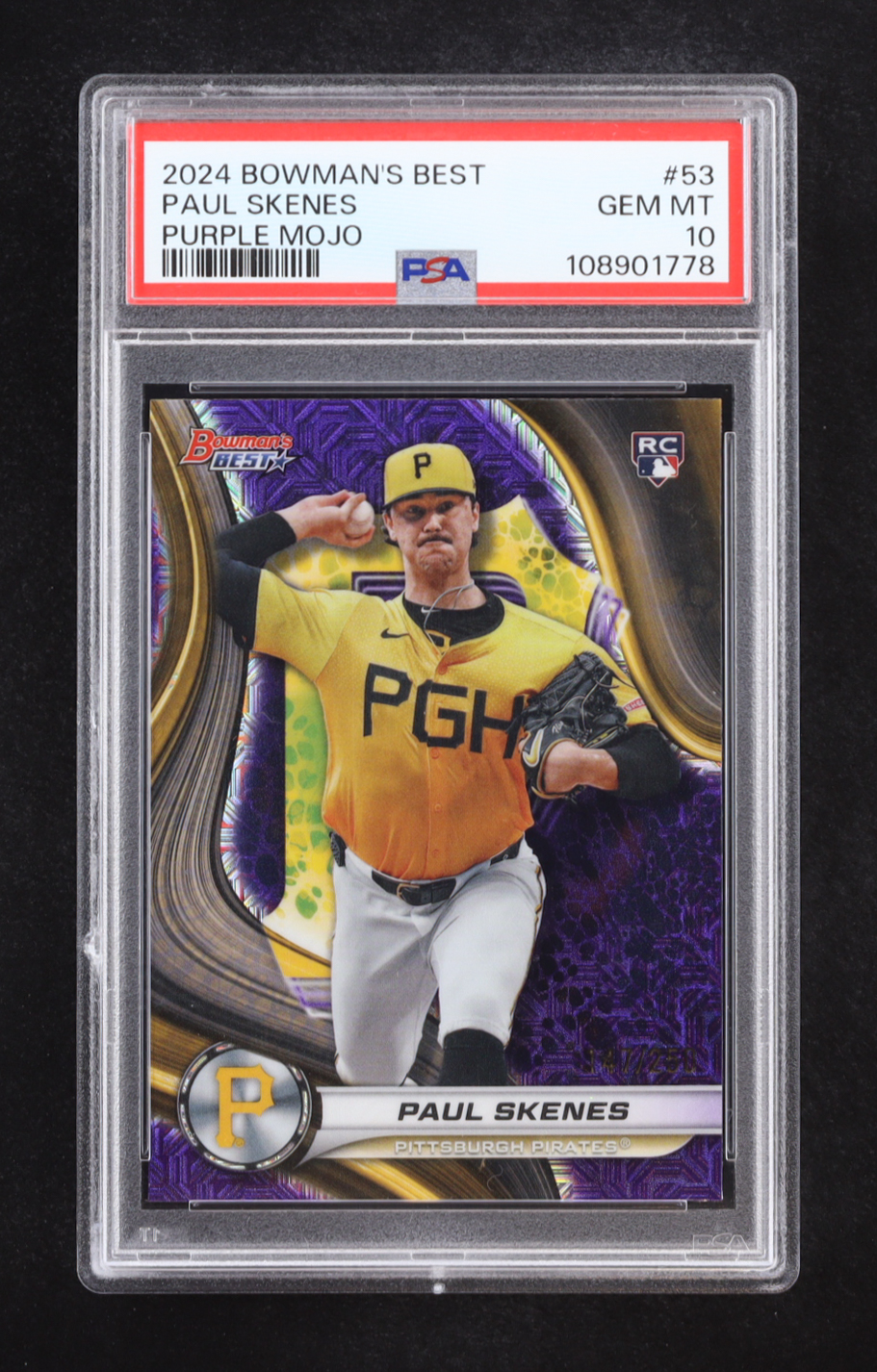 Paul Skenes 2024 Bowman's Best Purple Mojo Refractors #53 RC #147/250 (PSA 10) at PristineAuction.com Paul Skenes 2024 Bowman's Best Purple Mojo Refractors #53 RC #147/250 (PSA 10) at PristineAuction.com