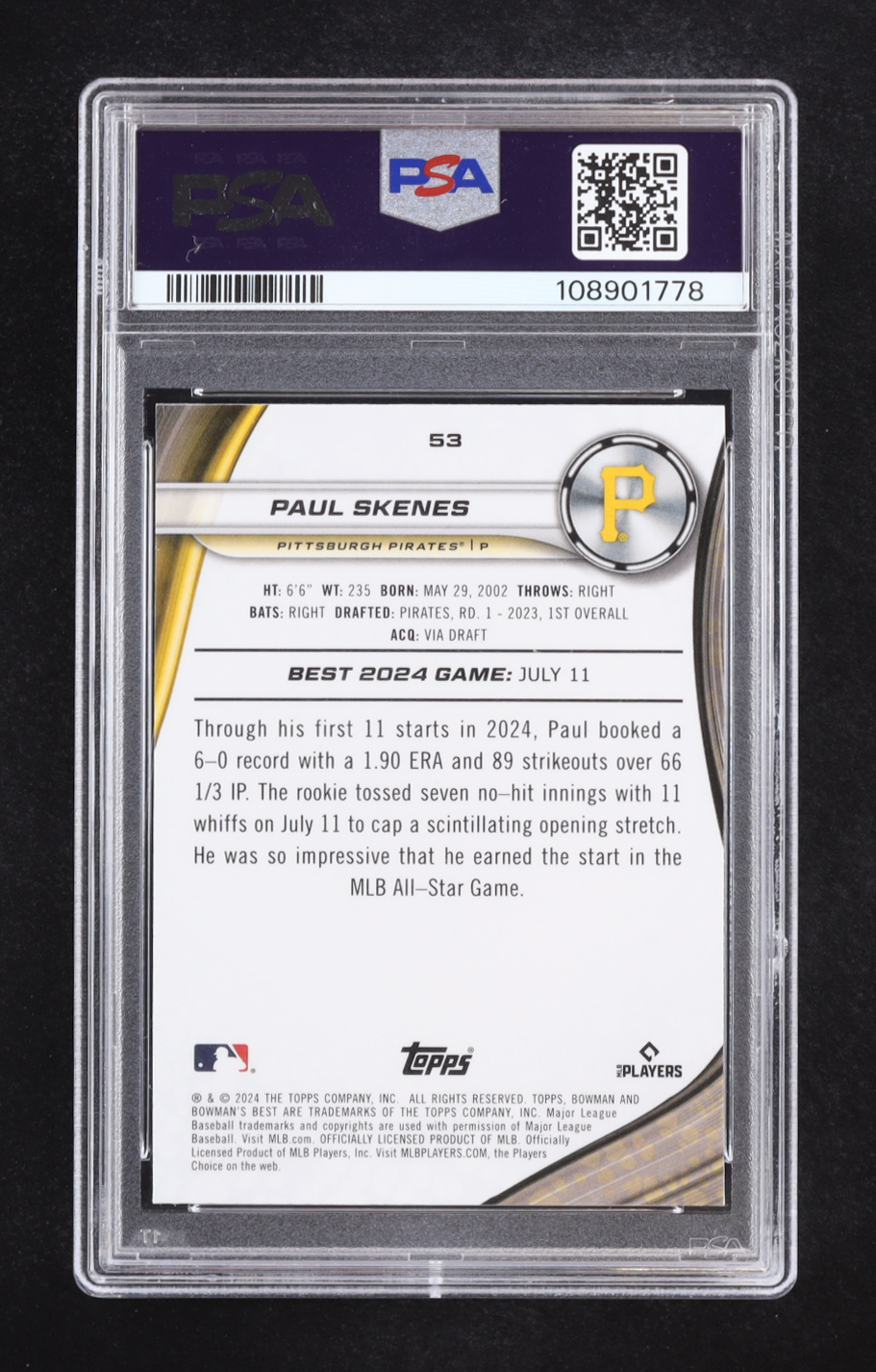 Paul Skenes 2024 Bowman's Best Purple Mojo Refractors #53 RC #147/250 (PSA 10) at PristineAuction.com Paul Skenes 2024 Bowman's Best Purple Mojo Refractors #53 RC #147/250 (PSA 10) at PristineAuction.com