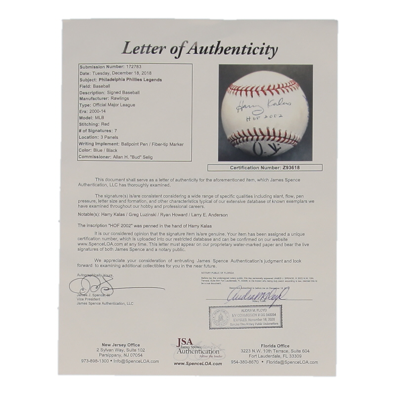 Philadelphia Phillies Legends | OML Baseball Signed by (7) with Harry Kalas, Greg Luzinski, Ryan Howard (JSA) at PristineAuction.com Philadelphia Phillies Legends | OML Baseball Signed by (7) with Harry Kalas, Greg Luzinski, Ryan Howard (JSA) at PristineAuction.com