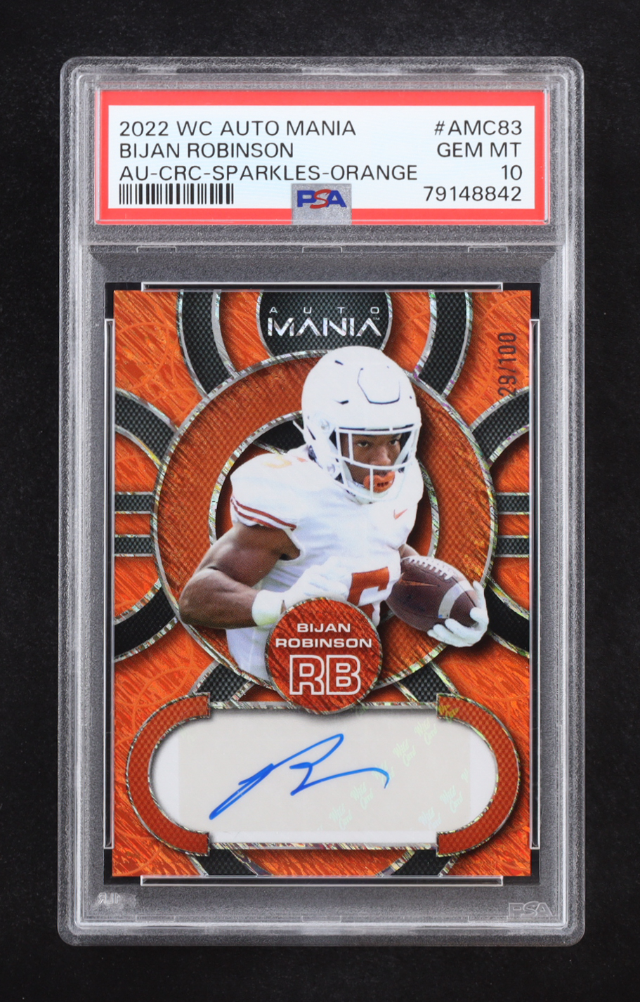 Bijan Robinson 2022 Wild Card Auto Mania Autographs Circle Sparkles Orange #AMC83 RC #29/100 (PSA 10) at PristineAuction.com Bijan Robinson 2022 Wild Card Auto Mania Autographs Circle Sparkles Orange #AMC83 RC #29/100 (PSA 10) at PristineAuction.com