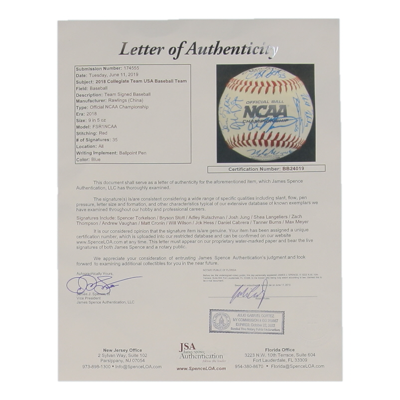 2018 Collegiate USA Baseball Team | NCAA Baseball Signed by (35) with Spencer Torkelson, Bryson Stott, Adley Rutschman (JSA) at PristineAuction.com 2018 Collegiate USA Baseball Team | NCAA Baseball Signed by (35) with Spencer Torkelson, Bryson Stott, Adley Rutschman (JSA) at PristineAuction.com