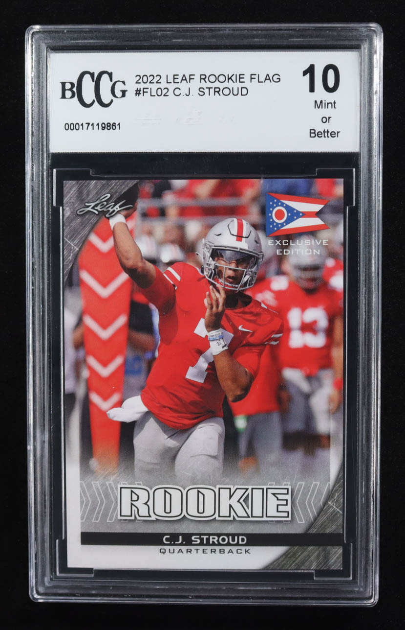 C.J. Stroud 2022 Leaf Rookie Flag Exclusive Edition #FL02 RC (BCCG 10) at PristineAuction.com C.J. Stroud 2022 Leaf Rookie Flag Exclusive Edition #FL02 RC (BCCG 10) at PristineAuction.com