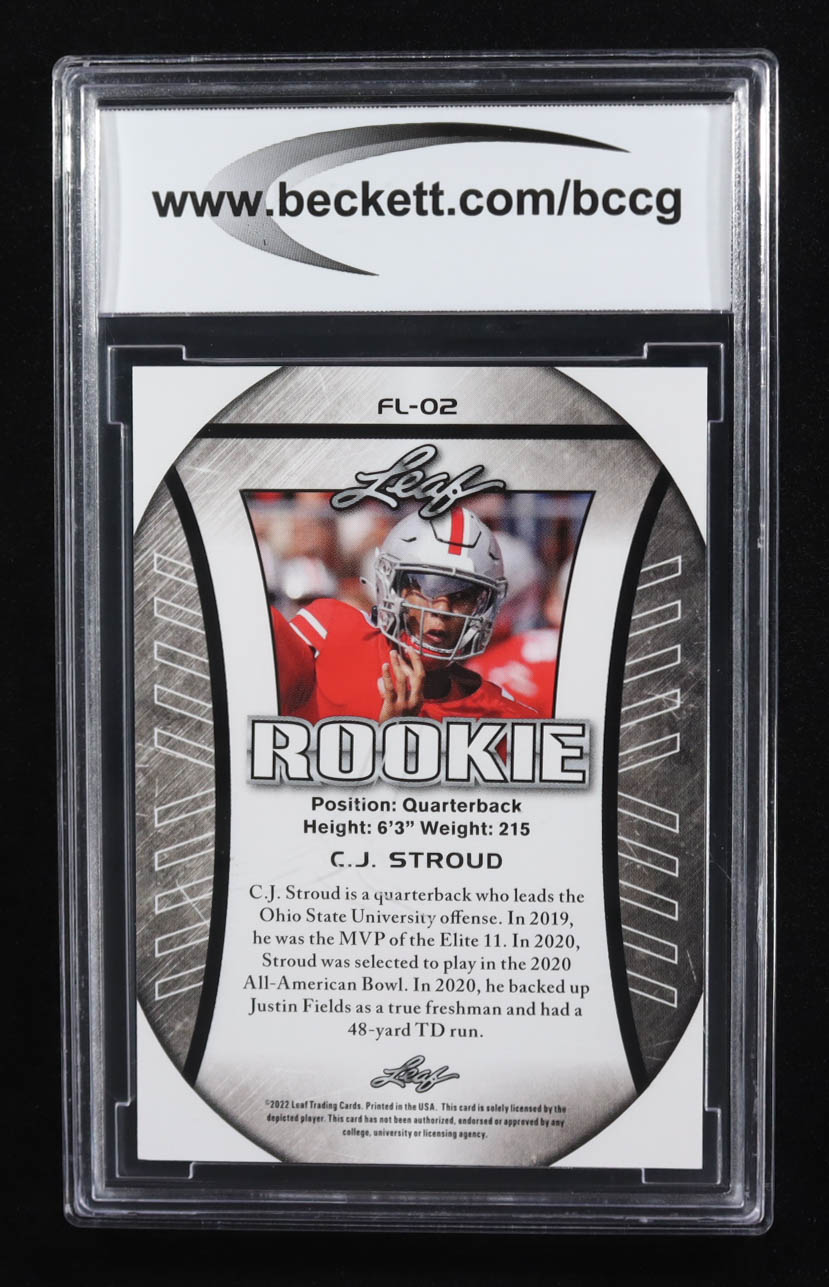 C.J. Stroud 2022 Leaf Rookie Flag Exclusive Edition #FL02 RC (BCCG 10) at PristineAuction.com C.J. Stroud 2022 Leaf Rookie Flag Exclusive Edition #FL02 RC (BCCG 10) at PristineAuction.com