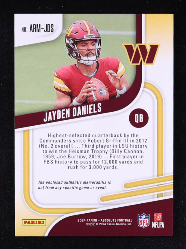 Jayden Daniels 2024 Absolute Absolute Rookie Materials #2 RC at PristineAuction.com Jayden Daniels 2024 Absolute Absolute Rookie Materials #2 RC at PristineAuction.com