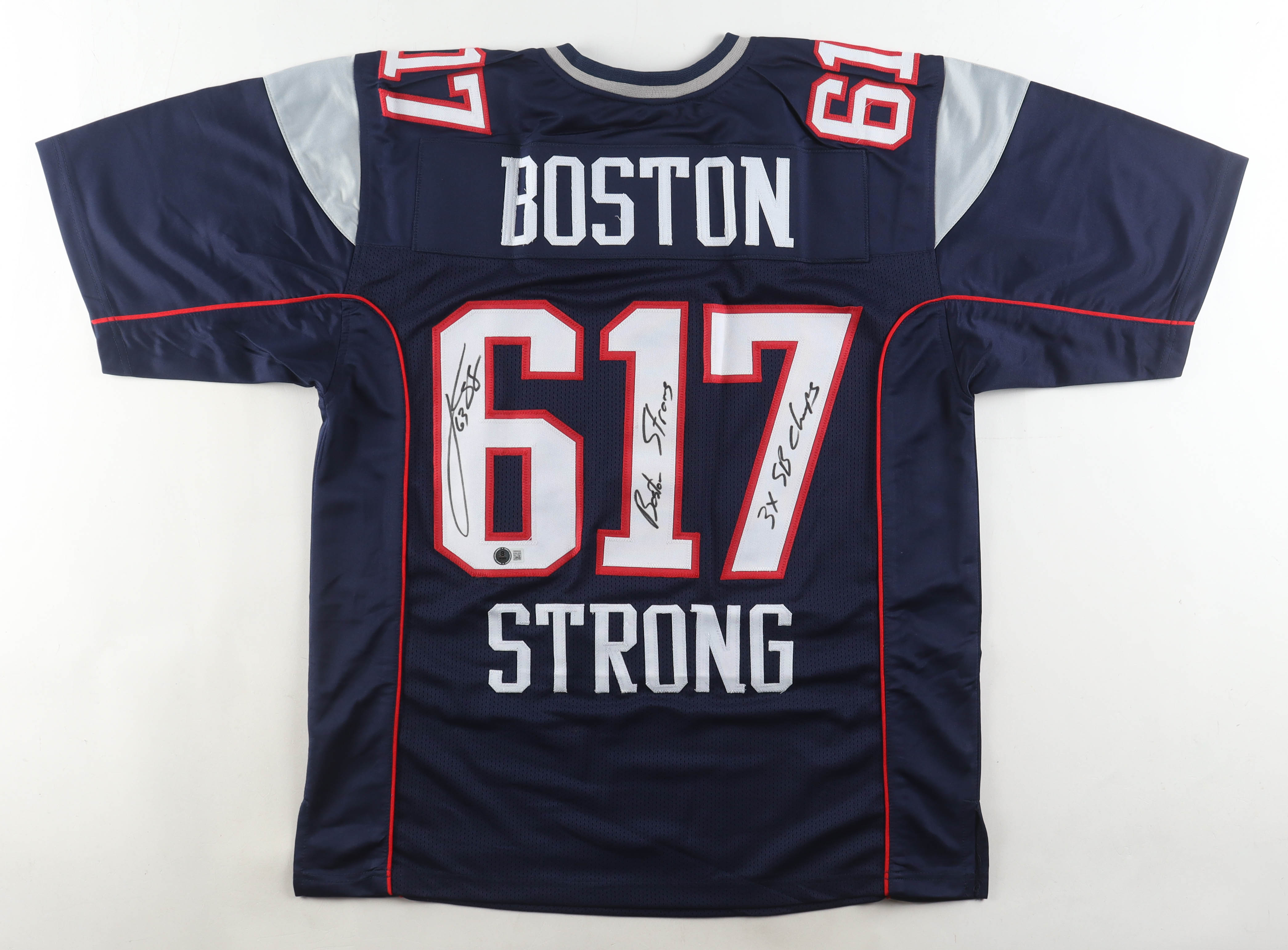 Joe Andruzzi Signed Jersey Inscribed "Boston Strong" & "3x SB Champs" (Beckett) at PristineAuction.com Joe Andruzzi Signed Jersey Inscribed "Boston Strong" & "3x SB Champs" (Beckett) at PristineAuction.com
