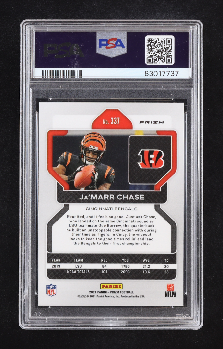 Ja'Marr Chase 2021 Panini Prizm Prizms Red Ice #337 RC (PSA 10) at PristineAuction.com Ja'Marr Chase 2021 Panini Prizm Prizms Red Ice #337 RC (PSA 10) at PristineAuction.com