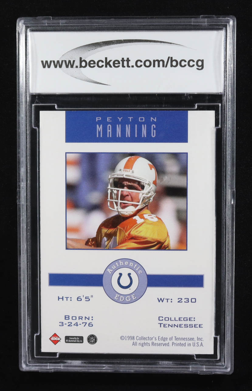 Peyton Manning 1998 Collector's Edge Promos Holding Jersey #NNO RC (BCCG 10) at PristineAuction.com Peyton Manning 1998 Collector's Edge Promos Holding Jersey #NNO RC (BCCG 10) at PristineAuction.com