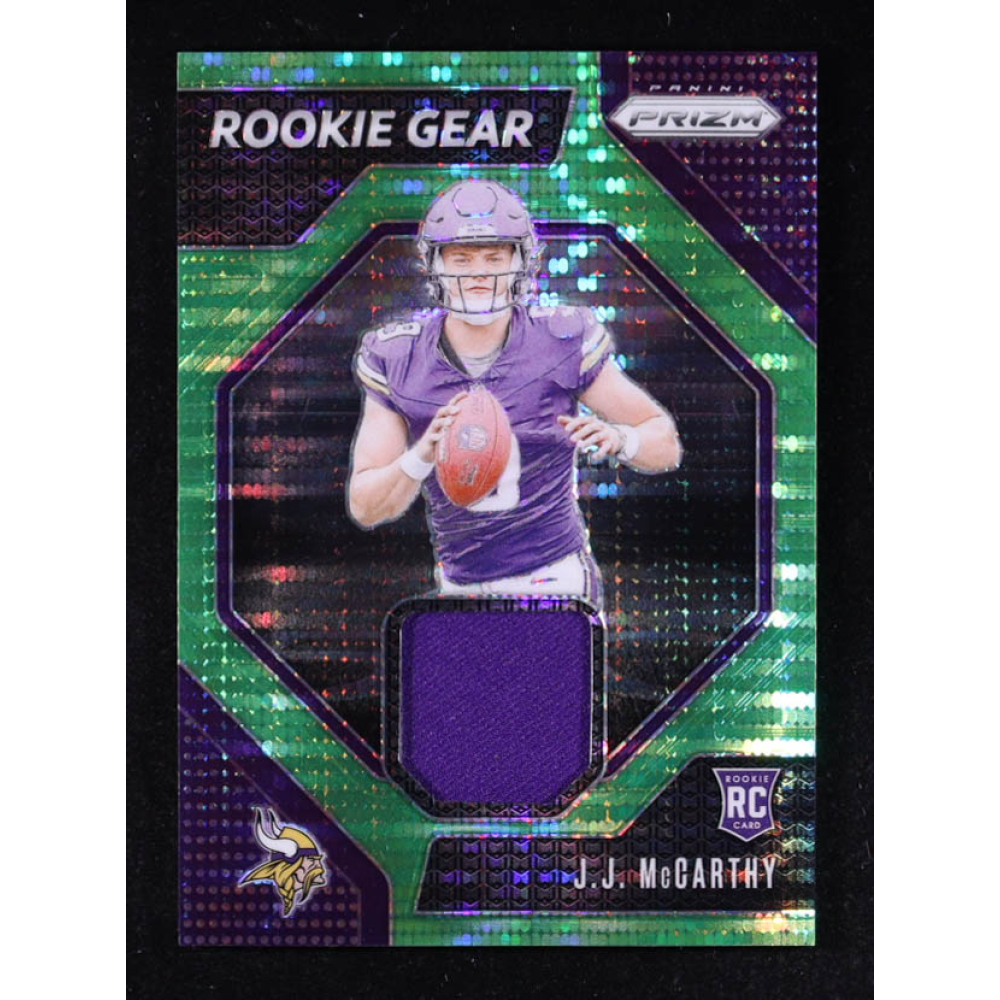 JJ McCarthy 2024 Panini Prizm Rookie Gear Neon Green Pulsar #8 RC at PristineAuction.com