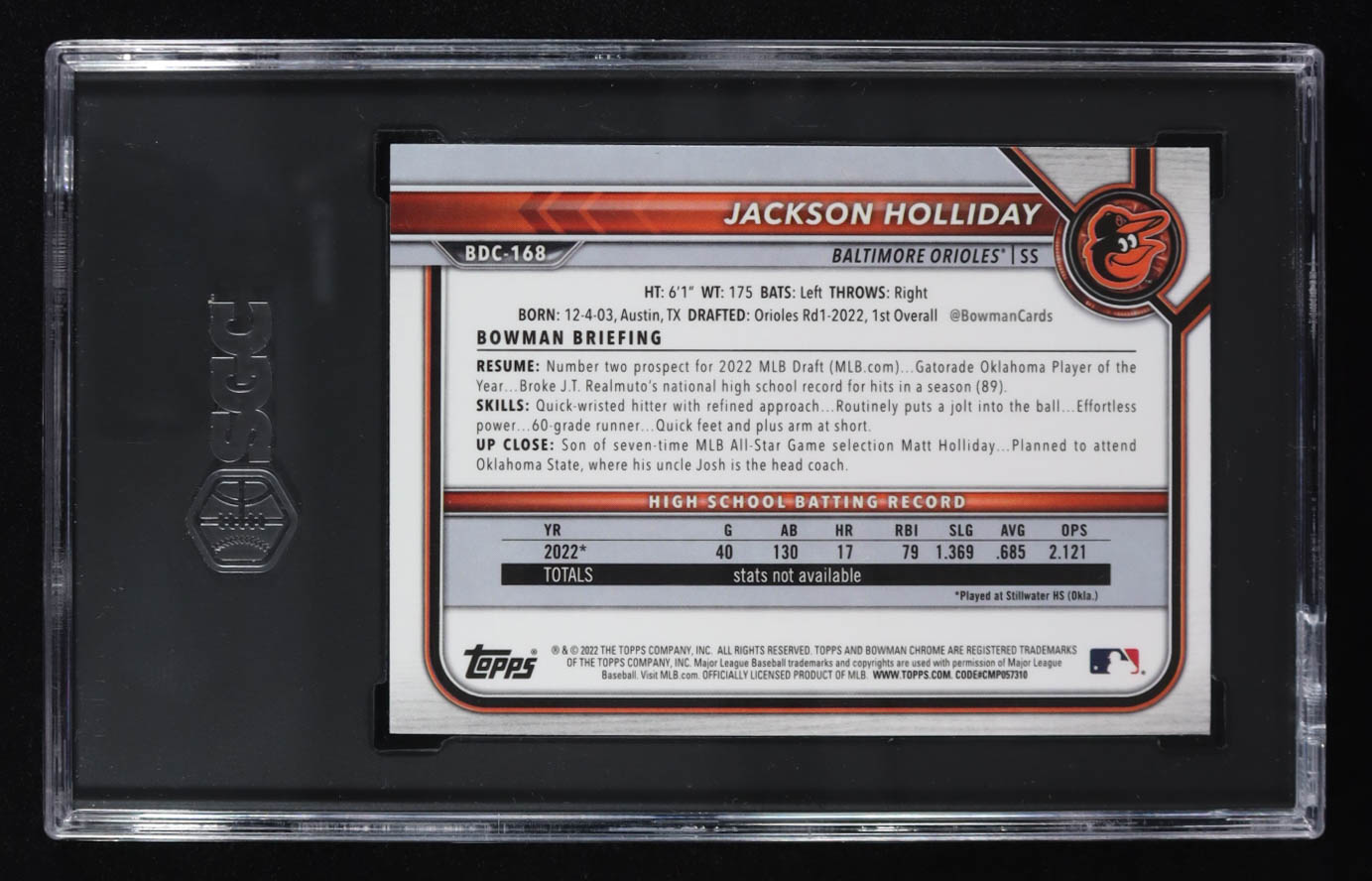 Jackson Holliday 2022 Bowman Draft #BDC-168 RC (SGC 10) at PristineAuction.com Jackson Holliday 2022 Bowman Draft #BDC-168 RC (SGC 10) at PristineAuction.com