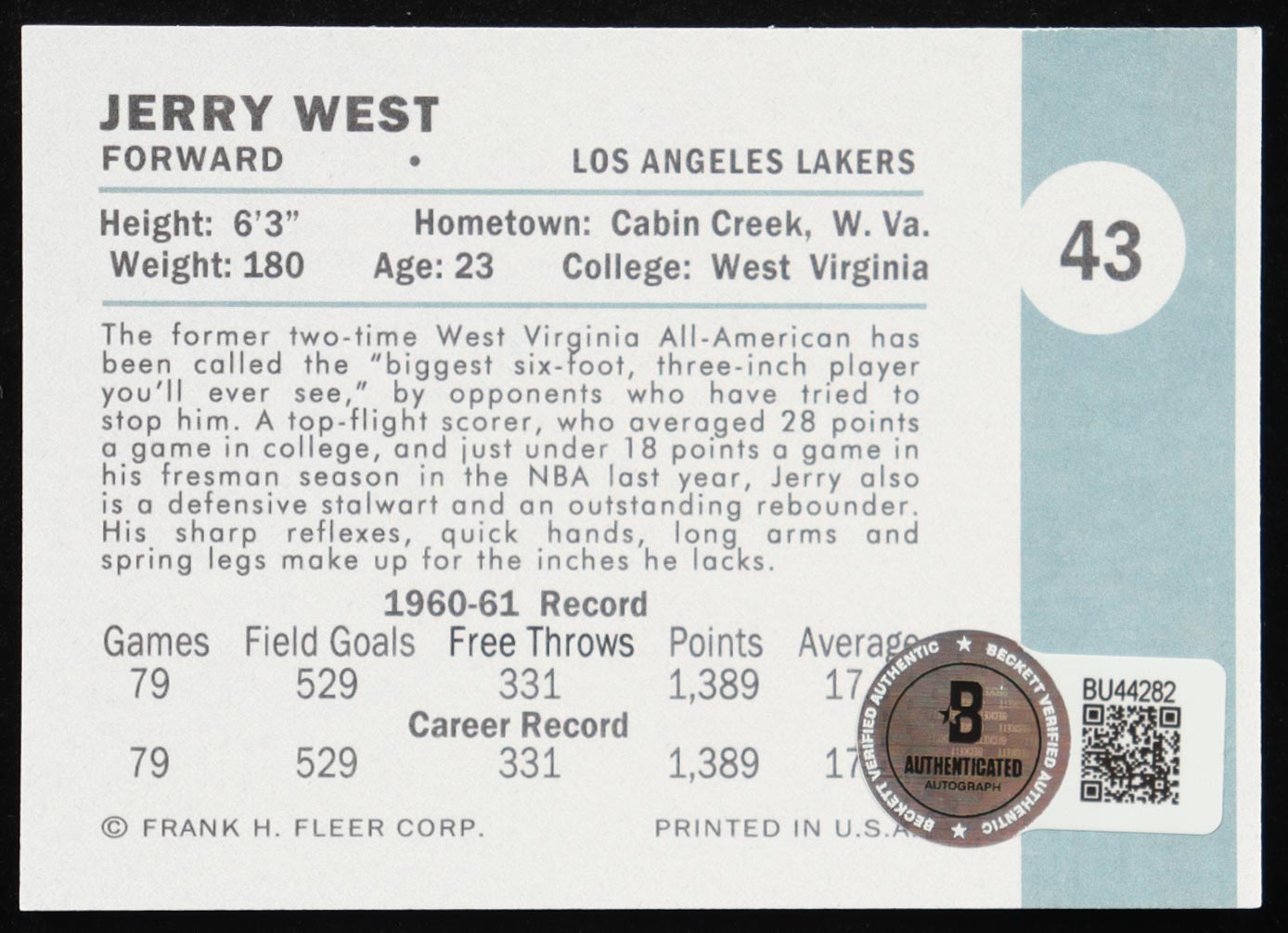 Jerry West Signed Rookie Reprint Card (Beckett) at PristineAuction.com Jerry West Signed Rookie Reprint Card (Beckett) at PristineAuction.com